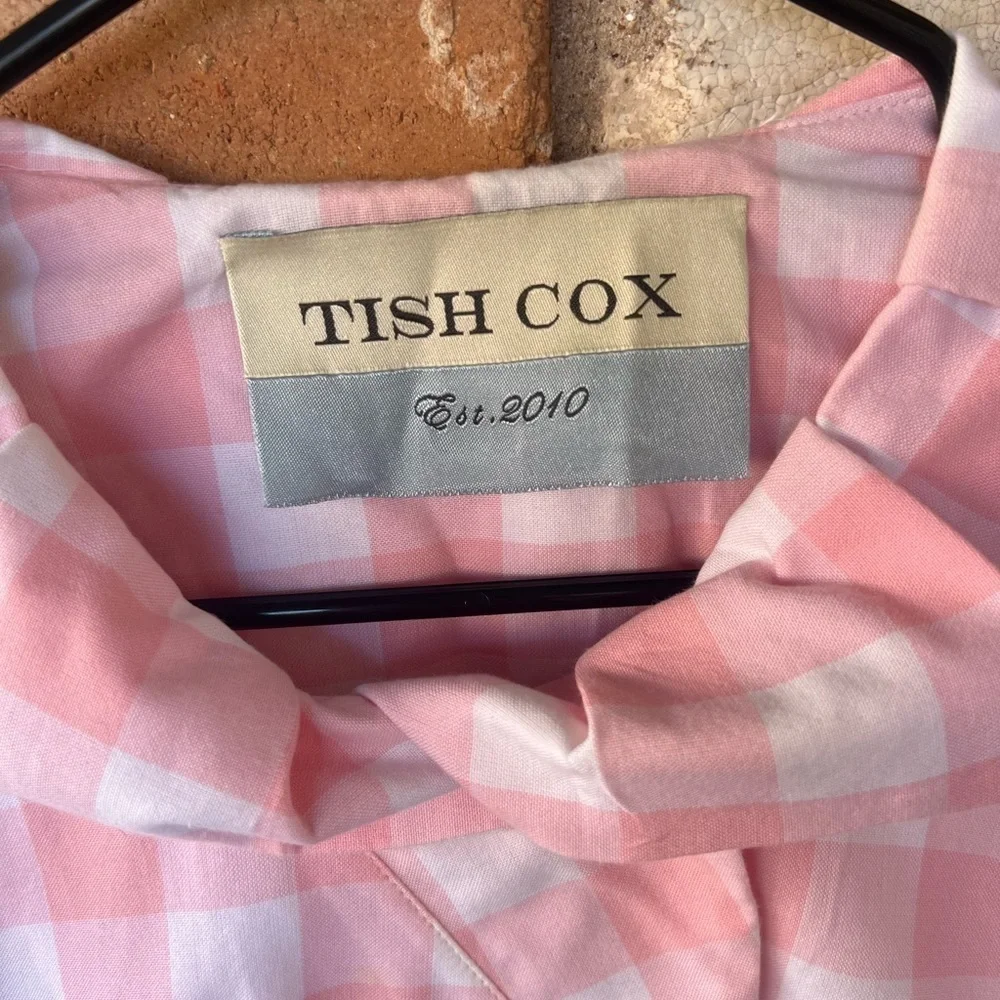 Tish Cox Peter Pan Collar Tie Sleeve Pink White Checkered Blouse